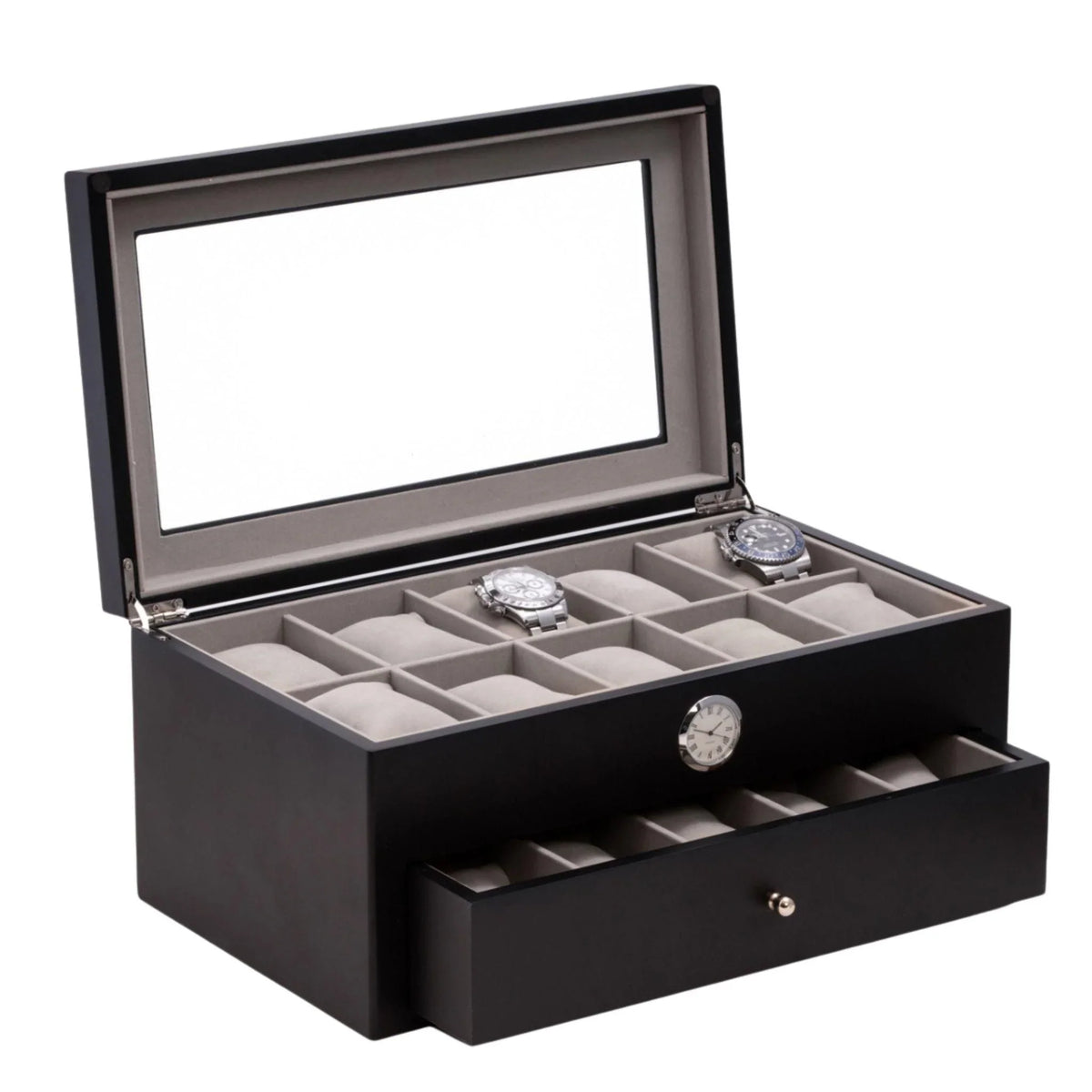 20 Watch Box with Glass Top and Clock in Black – The Well Appointed House