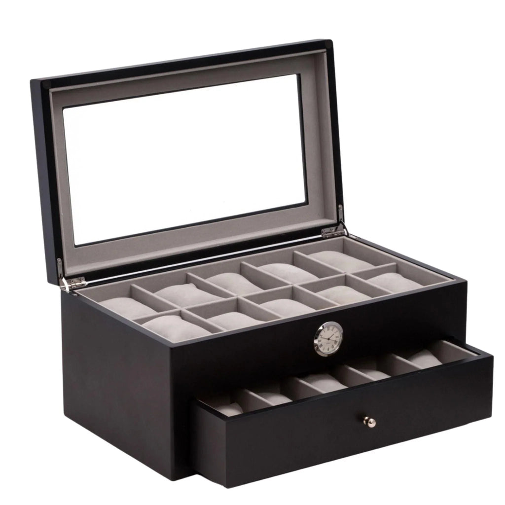 20 Watch Box with Glass Top and Clock in Black - Jewelry & Watch Cases - The Well Appointed House