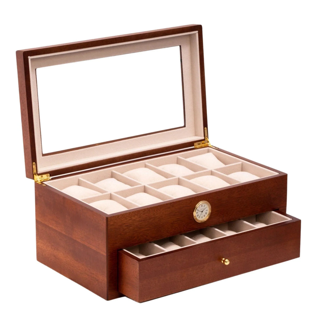 20 Watch Box with Glass Top and Clock in Cherry Wood - Jewelry & Watch Cases - The Well Appointed House