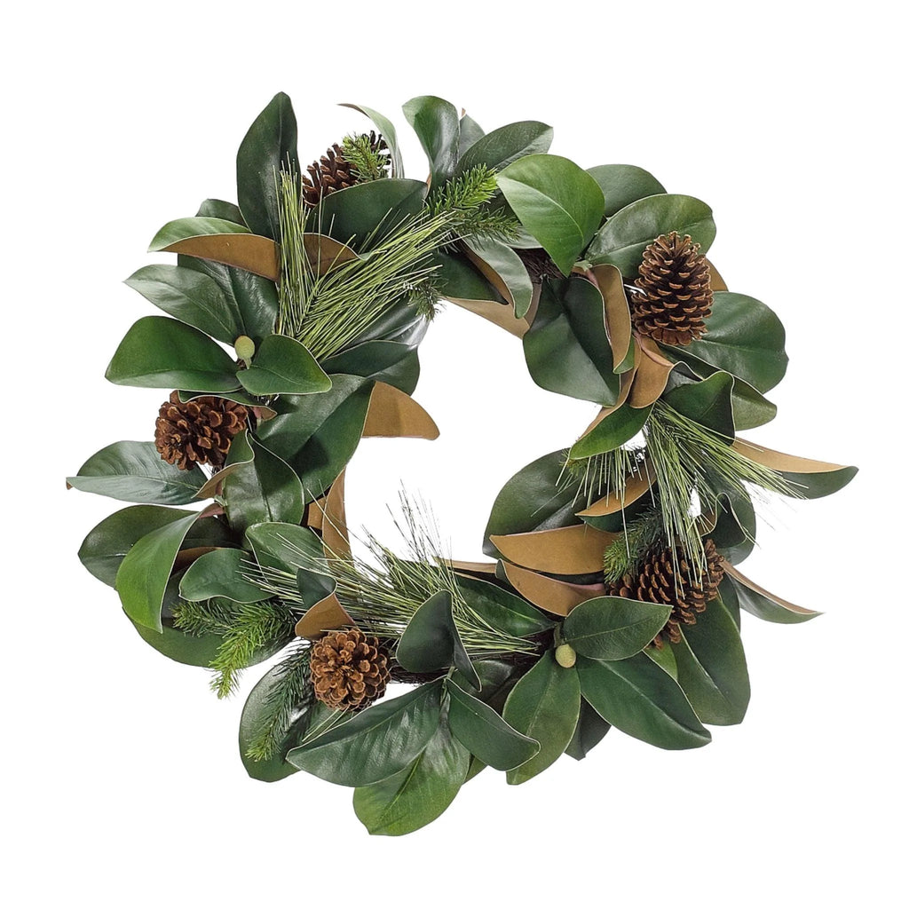 24” Classic Holiday Magnolia & Pine Faux Wreath - Florals & Greenery - The Well Appointed House