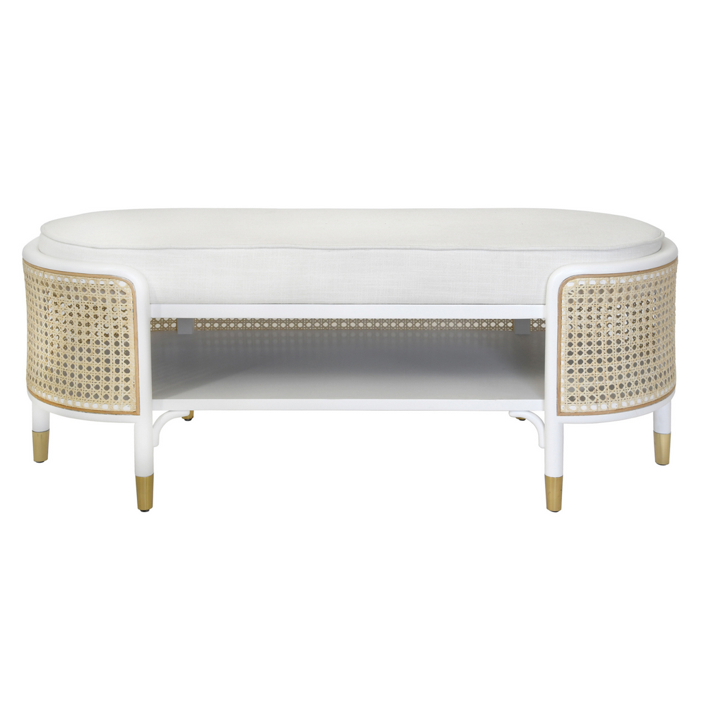 Beale Colonial Style White Bench With Cane Accents - Ottomans, Benches & Stools - The Well Appointed House