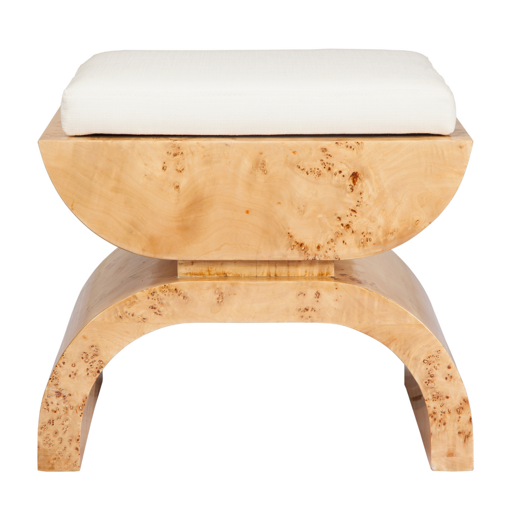 Biggs Burl Wood Stool with White Linen Cushion - The Well Appointed House