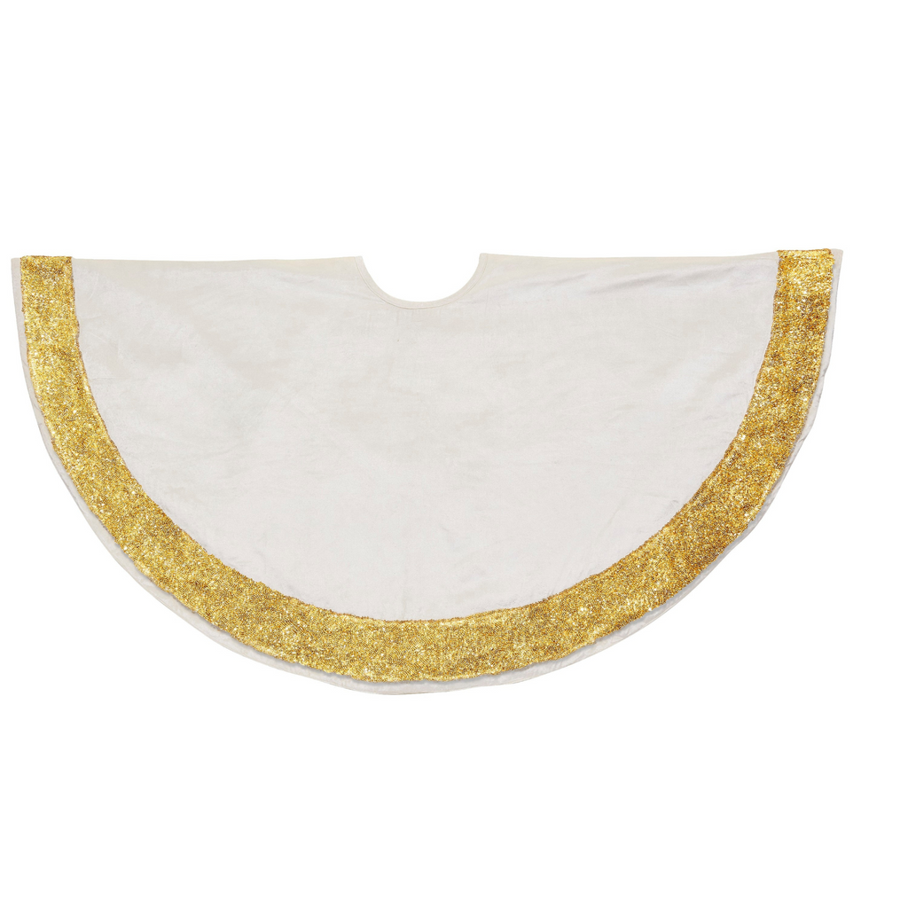 Ivory Velvet Christmas Tree Skirt with Hand Beaded Gold Border - 60" - The Well Appointed House 