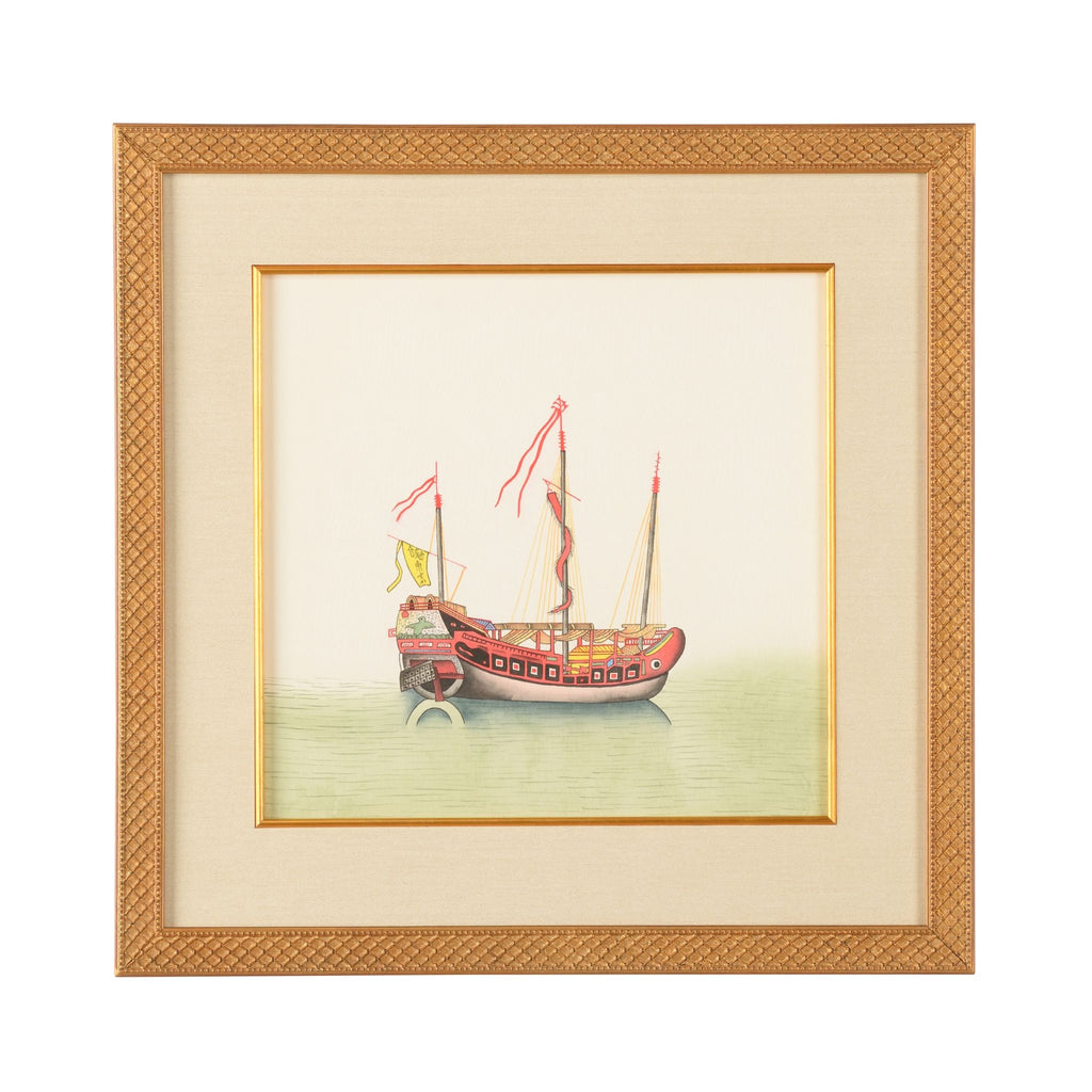Chin Junks Yellow Sail Watercolor on Silk Wall Art - The Well Appointed House