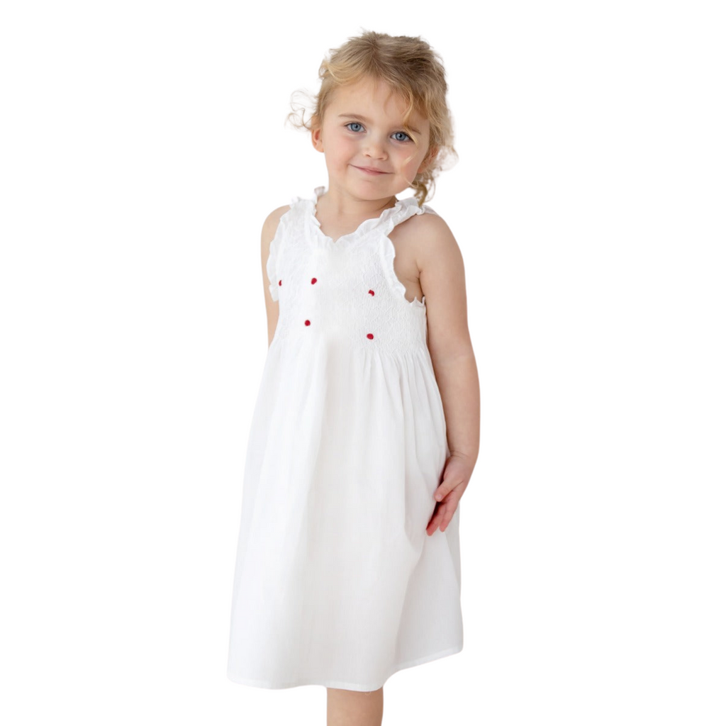 Noa White Cotton Dress, Smocked with Hand Embroidery - The Well Appointed House