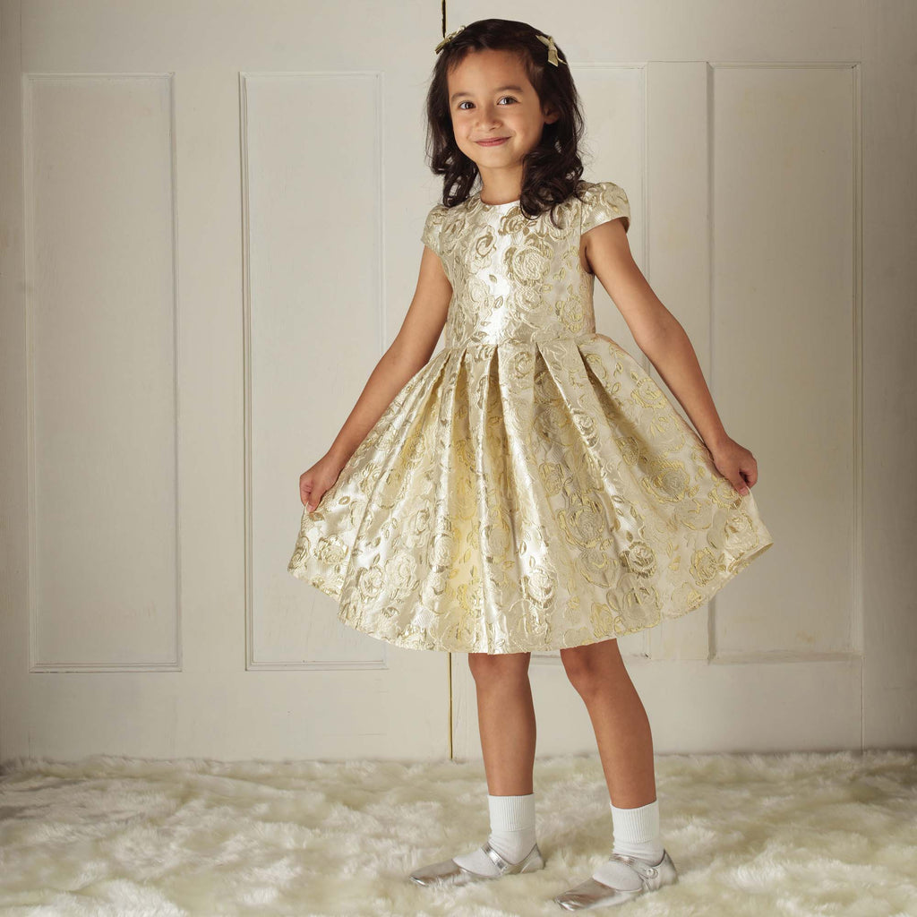 Girls Gold Damask Party Dress - The Well Appointed House