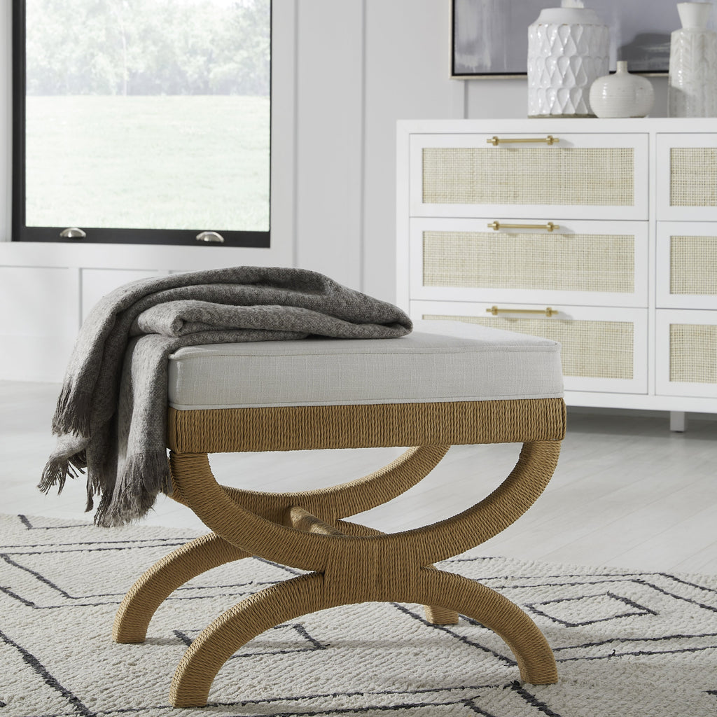 Xanadu White Linen Upholstered Stool With Rope Wrapped Frame - Ottomans, Benches & Stools - The Well Appointed House