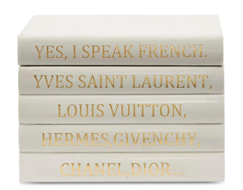 5 Volume Vellum White Leather Box with "I Speak French..." Quote Book Stack - Books - The Well Appointed House