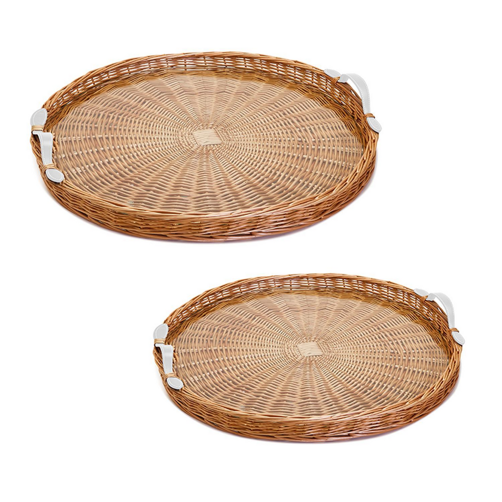 Set of 2 Round Wicker Trays With White Handles - The Well Appointed House