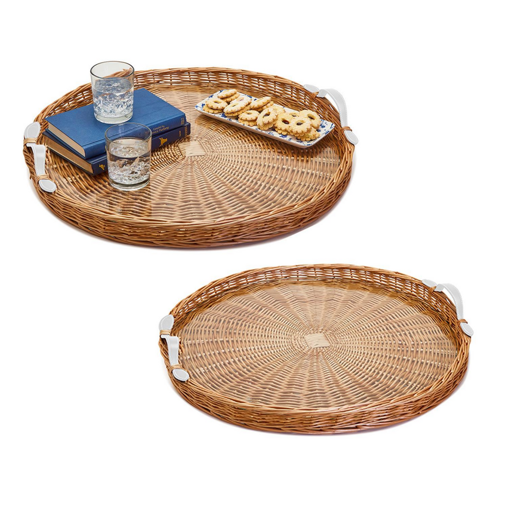 Set of 2 Round Wicker Trays With White Handles - The Well Appointed House
