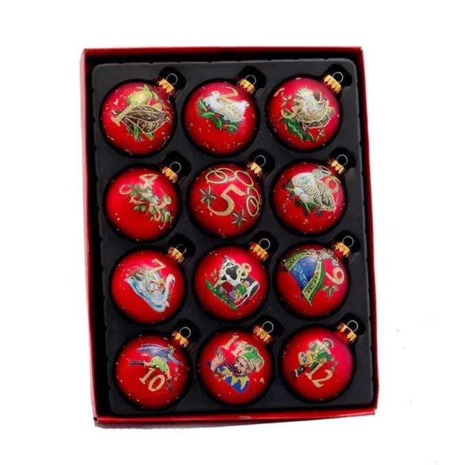 65MM Twelve Days Of Christmas Decorative Glass Ball Ornaments, 12-Piece Box Set - Christmas Decor - The Well Appointed House
