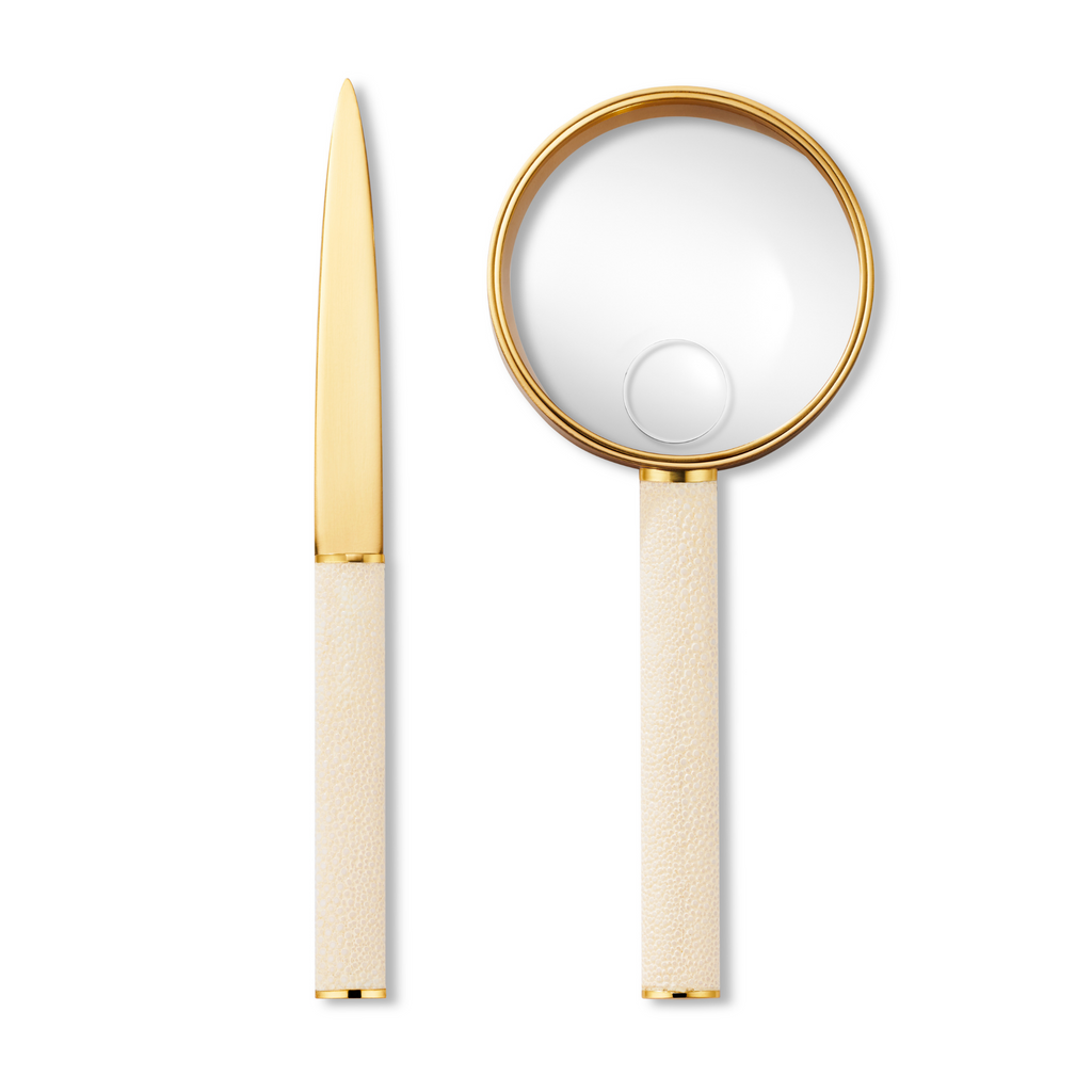 Shagreen Magnifying Glass And Letter Opener Set, Cream - The Well Appointed House
