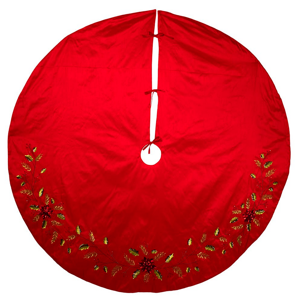 72 Red Dupion With Multi Sequin Poinsettia & Holly Leaves Tree Skirt - The Well Appointed House