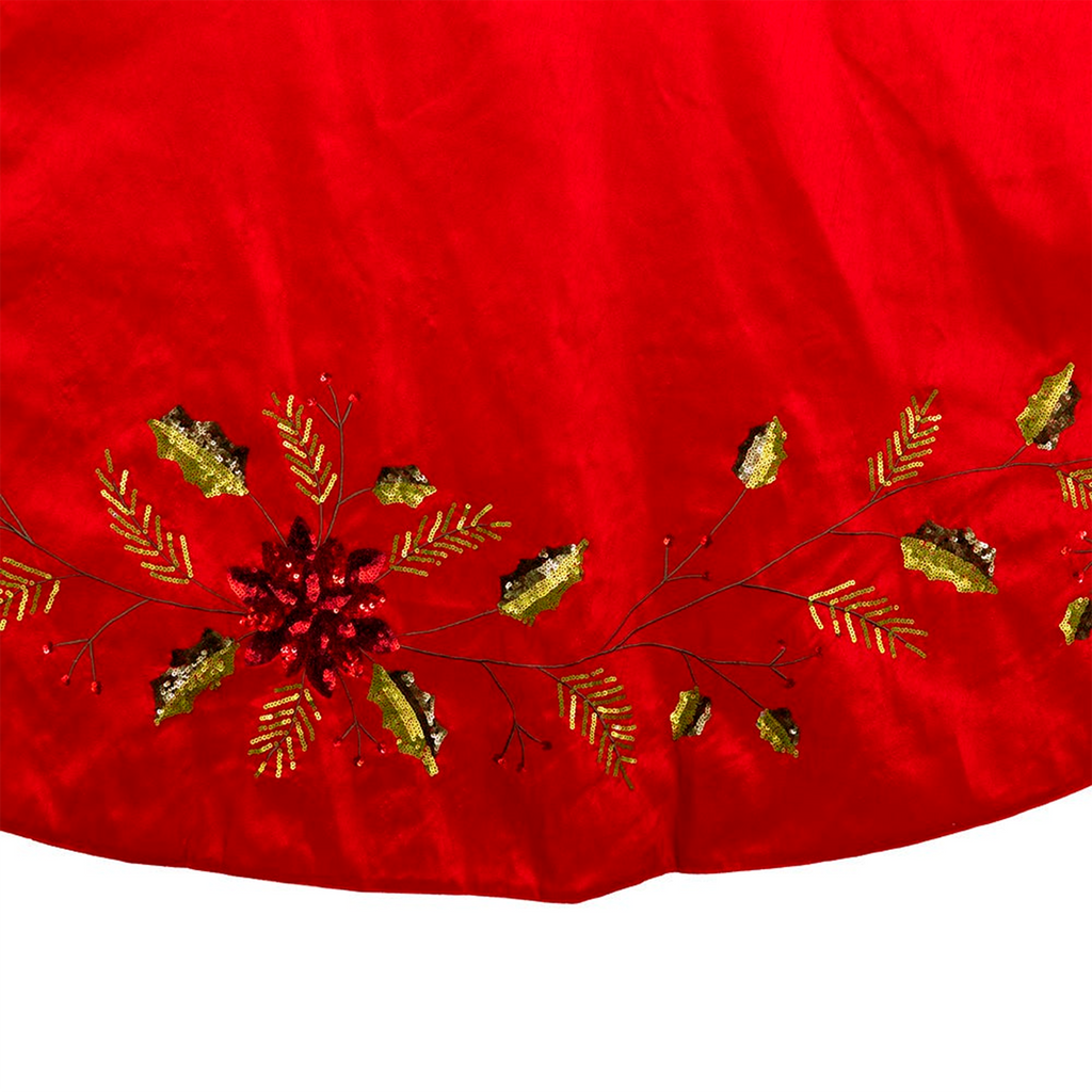 72 Red Dupion With Multi Sequin Poinsettia & Holly Leaves Tree Skirt - The Well Appointed House