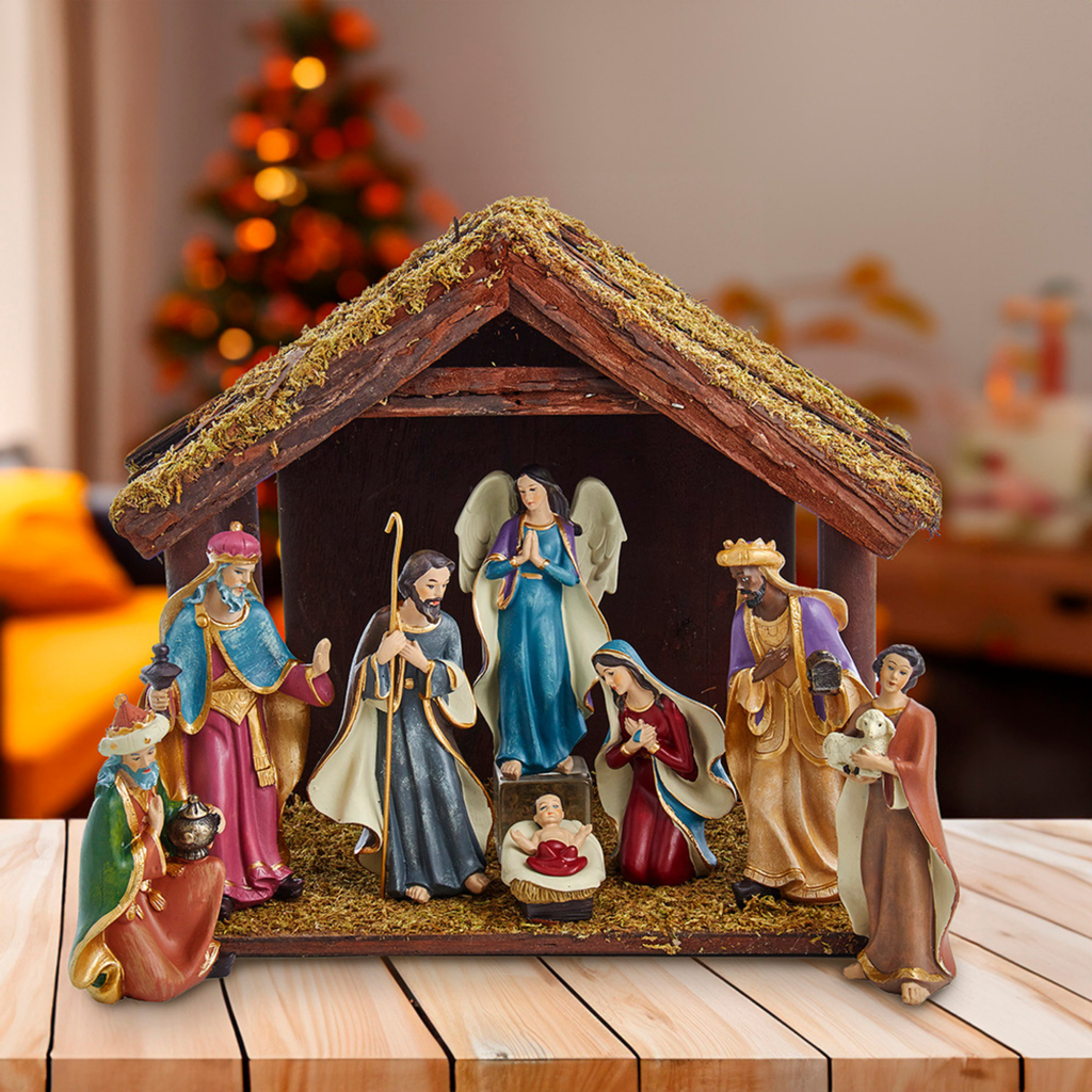 Eight Piece Nativity Set With Wooden Stable - The Well Appointed House