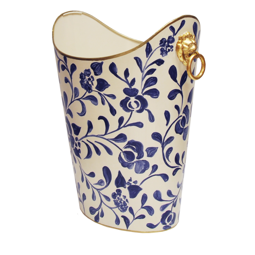 Hand Painted Navy Vine Wastebasket With Gold Lion Handles - Wastebasket - The Well Appointed House