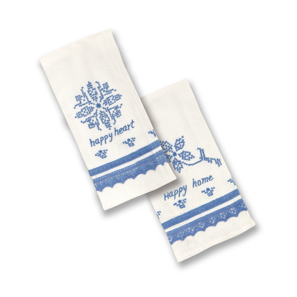 Set of Two Blue & White Abigail Embroidery Tea Towels - The Well Appointed House