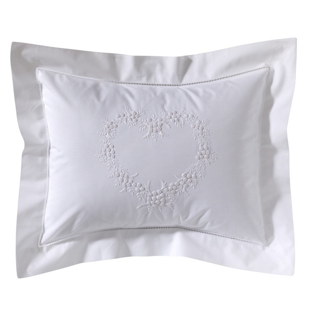 Boudoir Pillow Cover Embroidered with Hem Stitch Border in Heart White - The Well Appointed House