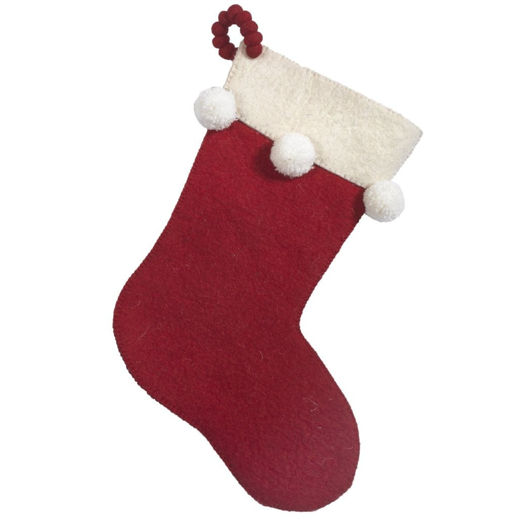 Hand Felted Wool Christmas Stocking - Pom Poms on Red - The Well Appointed House