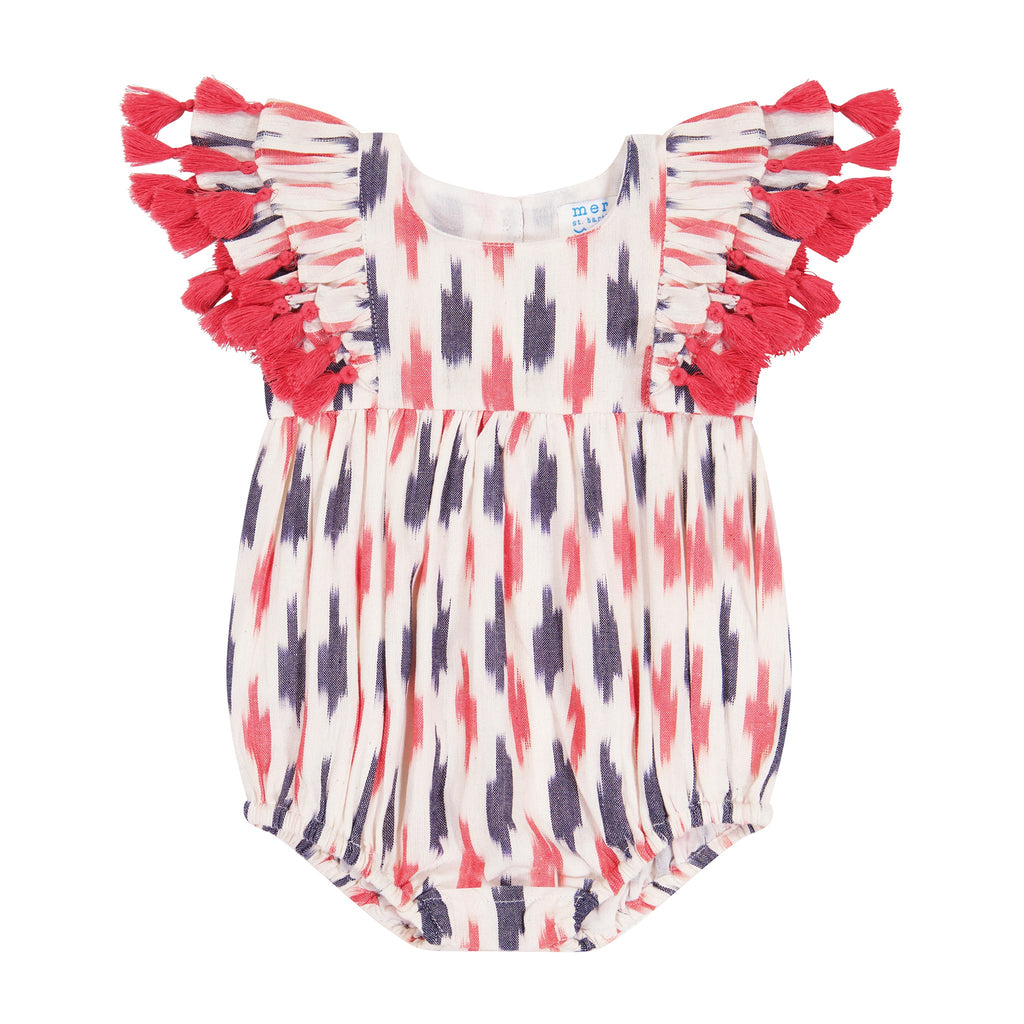 Anna Baby Romper Cream Navy Red Ikat - The Well Appointed House