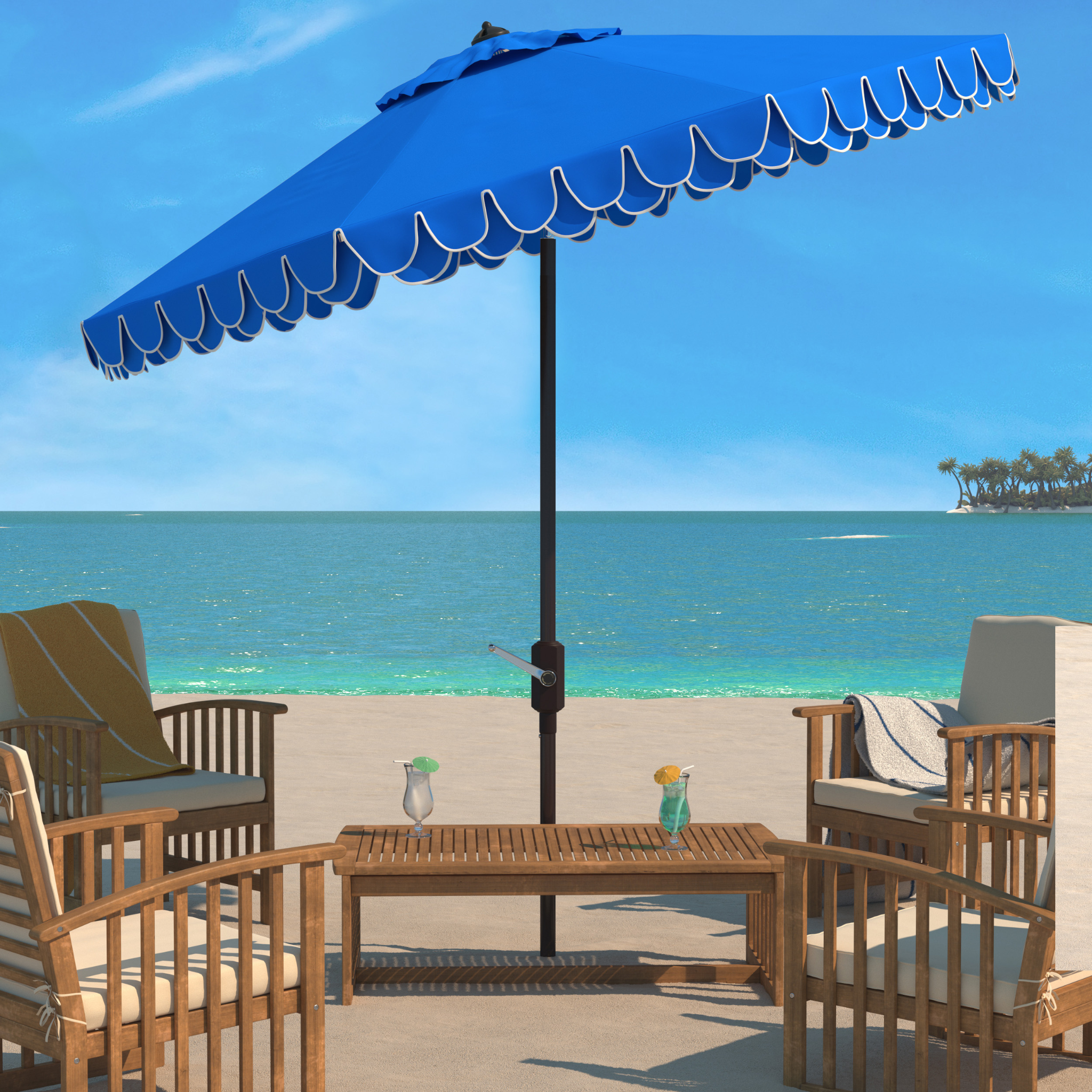 aqua blue 9 ft patio umbrella Aqua Blue Scalloped Edge Auto Tilt 9' Outdoor Patio Umbrella