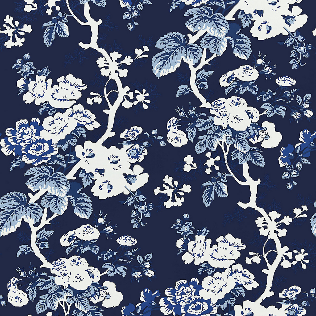 Ascot Floral Print Wallcovering in Indigo Blue & White - The Well Appointed House