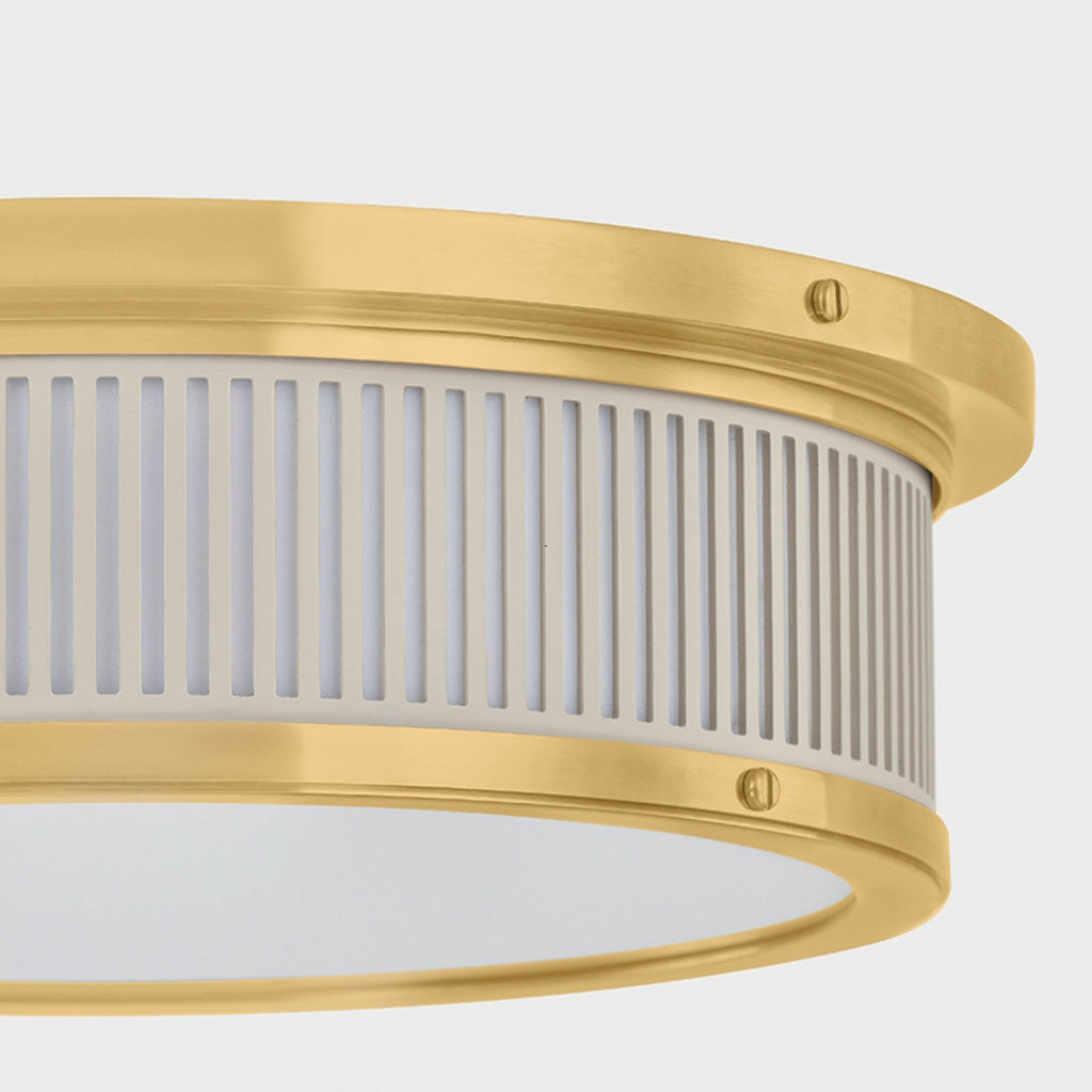 Ashdown Round Flush Mount Aged Brass and Off White - The Well Appointed House