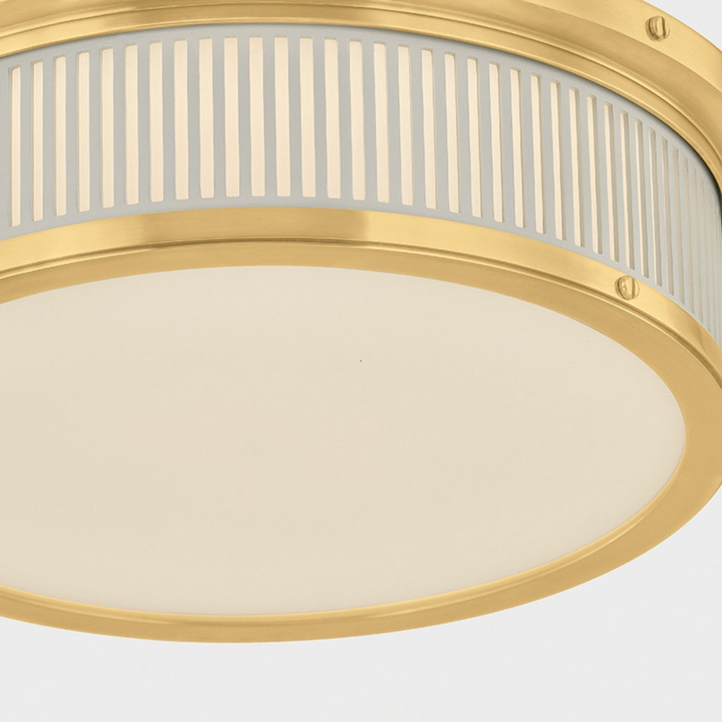 Ashdown Round Flush Mount Aged Brass and Off White - The Well Appointed House