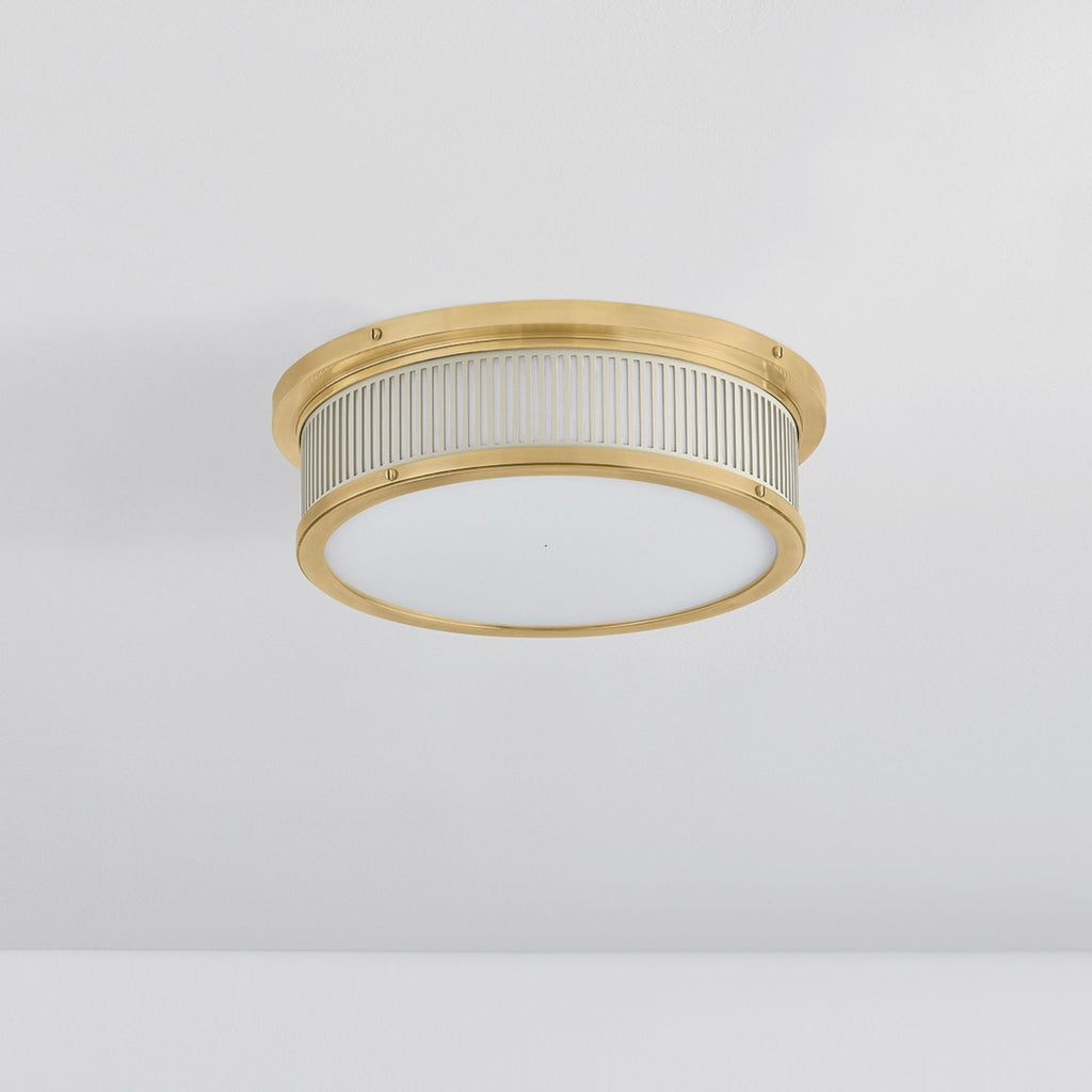 Ashdown Round Flush Mount Aged Brass and Off White - The Well Appointed House