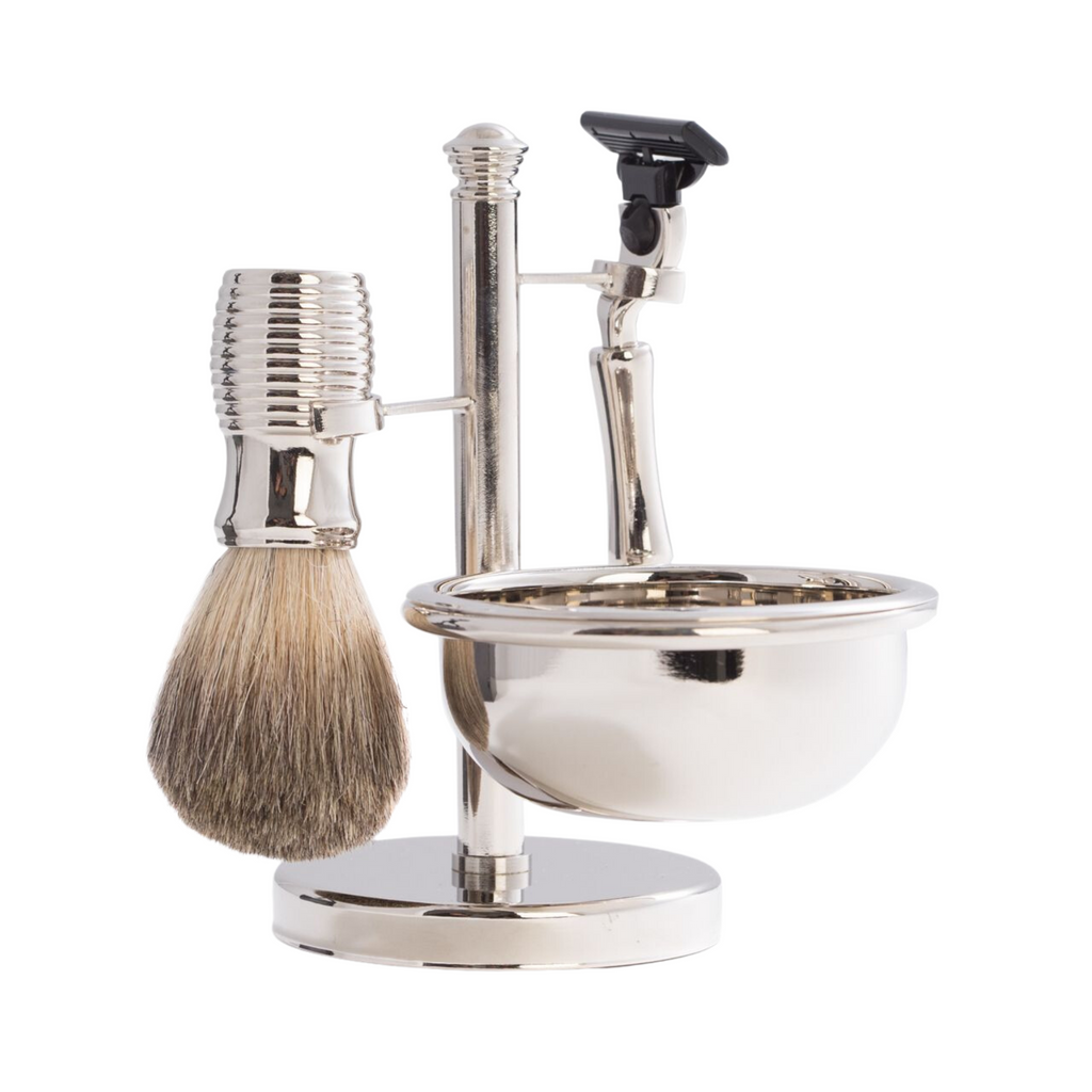"Mach 3" Razor & Pure Badger Brush with Soap Dish on Chrome Stand - The Well Appointed House