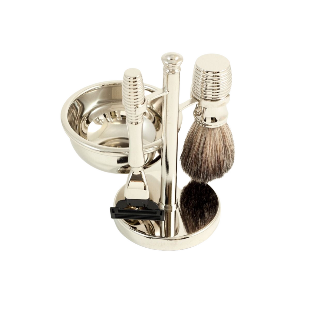 "Mach 3" Razor & Pure Badger Brush with Soap Dish on Chrome Stand - The Well Appointed House