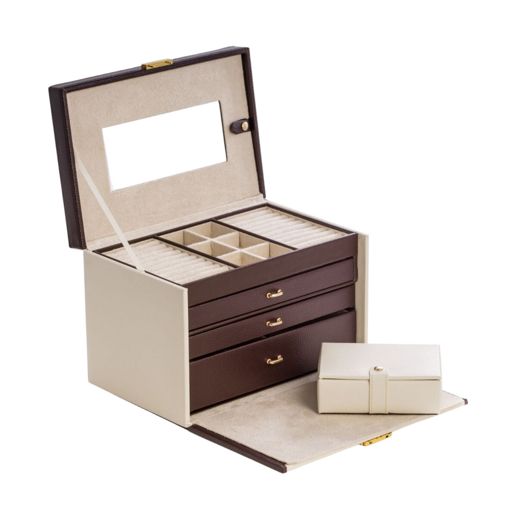 Ivory & Brown Leather 4 Level Jewelry Box - The Well Appointed House