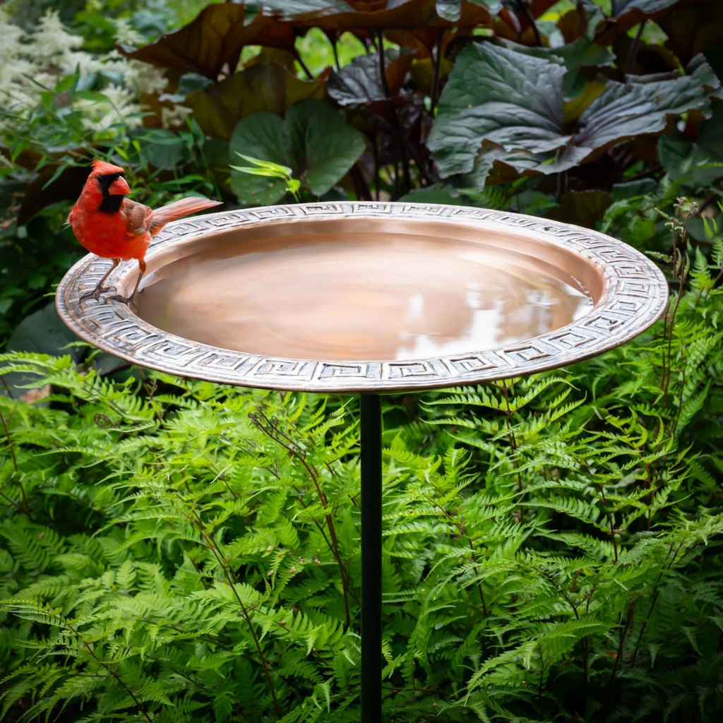 18" Greek-Inspired Copper Birdbath with Garden Pole - The Well Appointed House