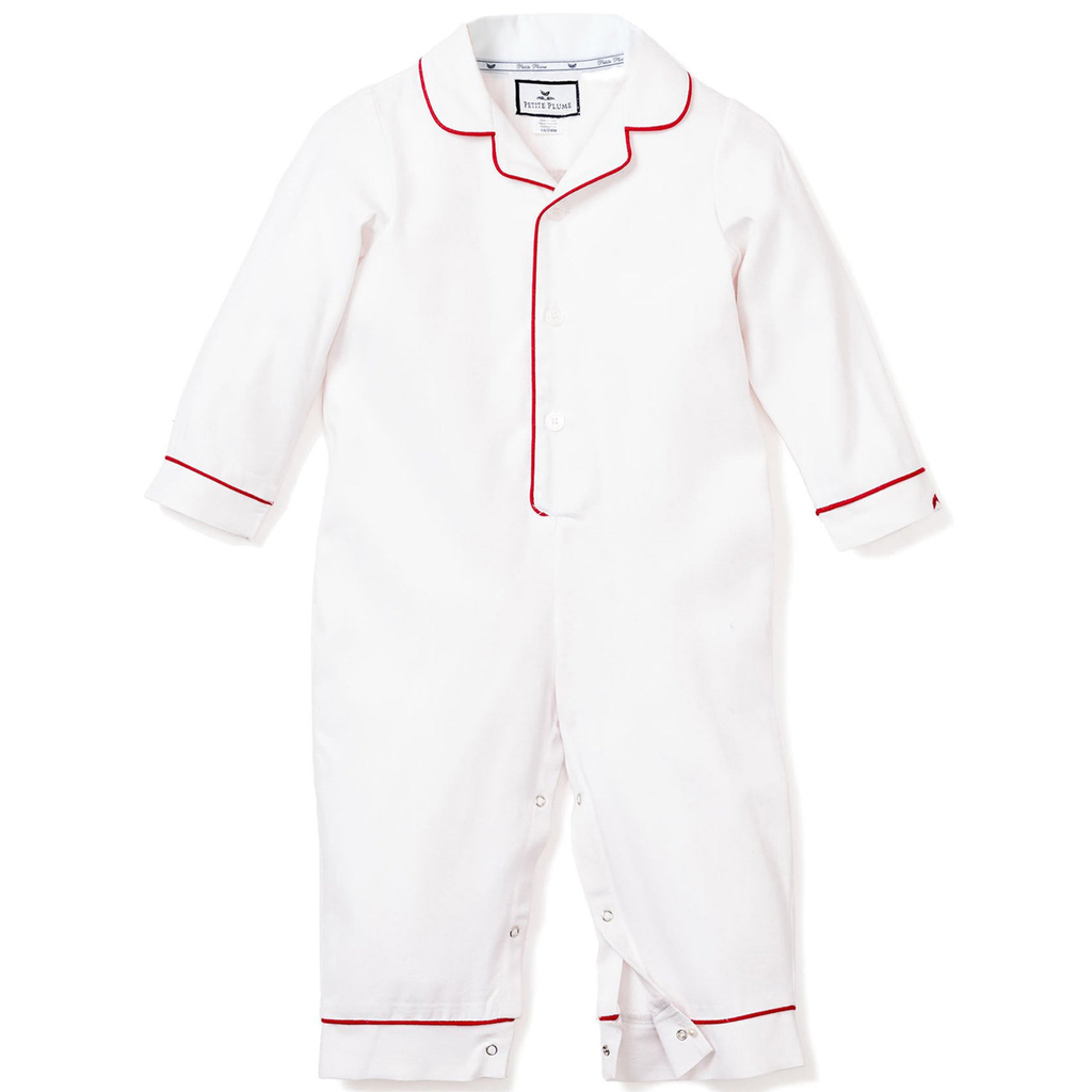 Baby's Twill Romper in White with Red Piping - The Well Appointed House 