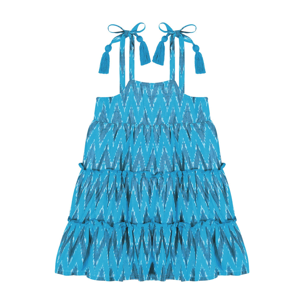 Bella Girl's Shoulder Tie Sundress Turquoise Ikat - The Well Appointed House