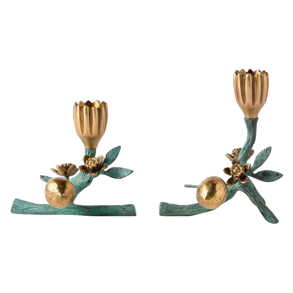 Bernadette Antique Gold Patina Floral Candle Holder Brass Set 2 - The Well Appointed House