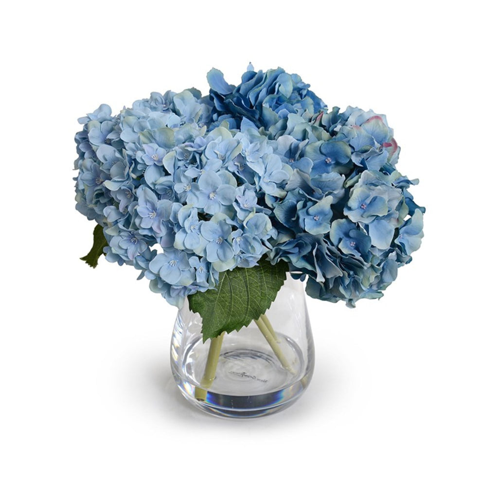 Blue Faux Hydrangea Arrangement in Glass Cylinder- The Well Appointed House