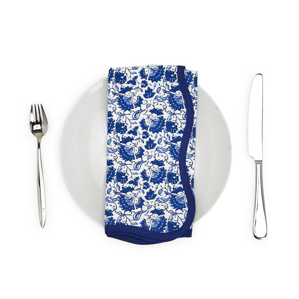Set of 4 Blue Floral Scalloped Edge Trim Napkins - Dinner Napkins - The Well Appointed House