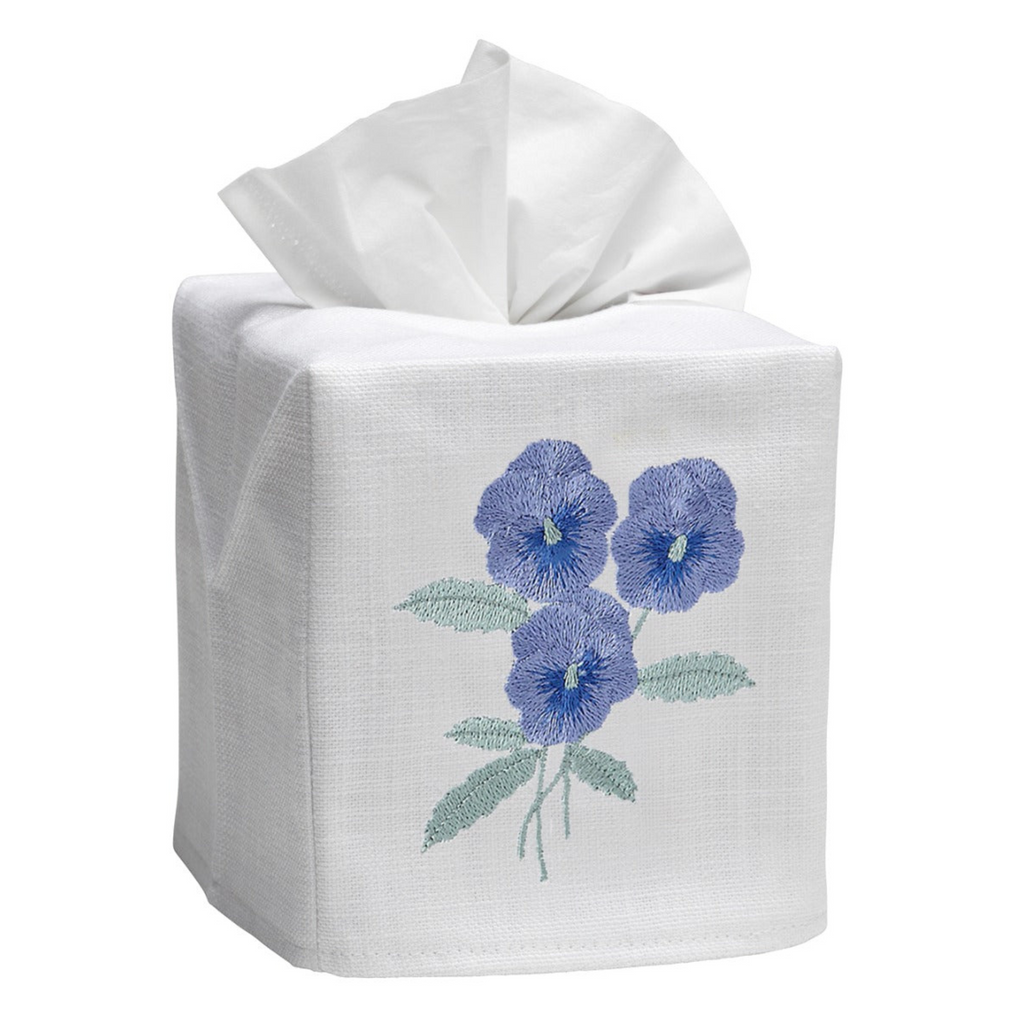 Blue Pansies Embroidered Tissue Box Cover - The Well Appointed House