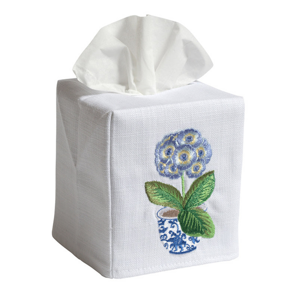 Blue Potted Primrose Embroidered Tissue Box Cover - The Well Appointed House