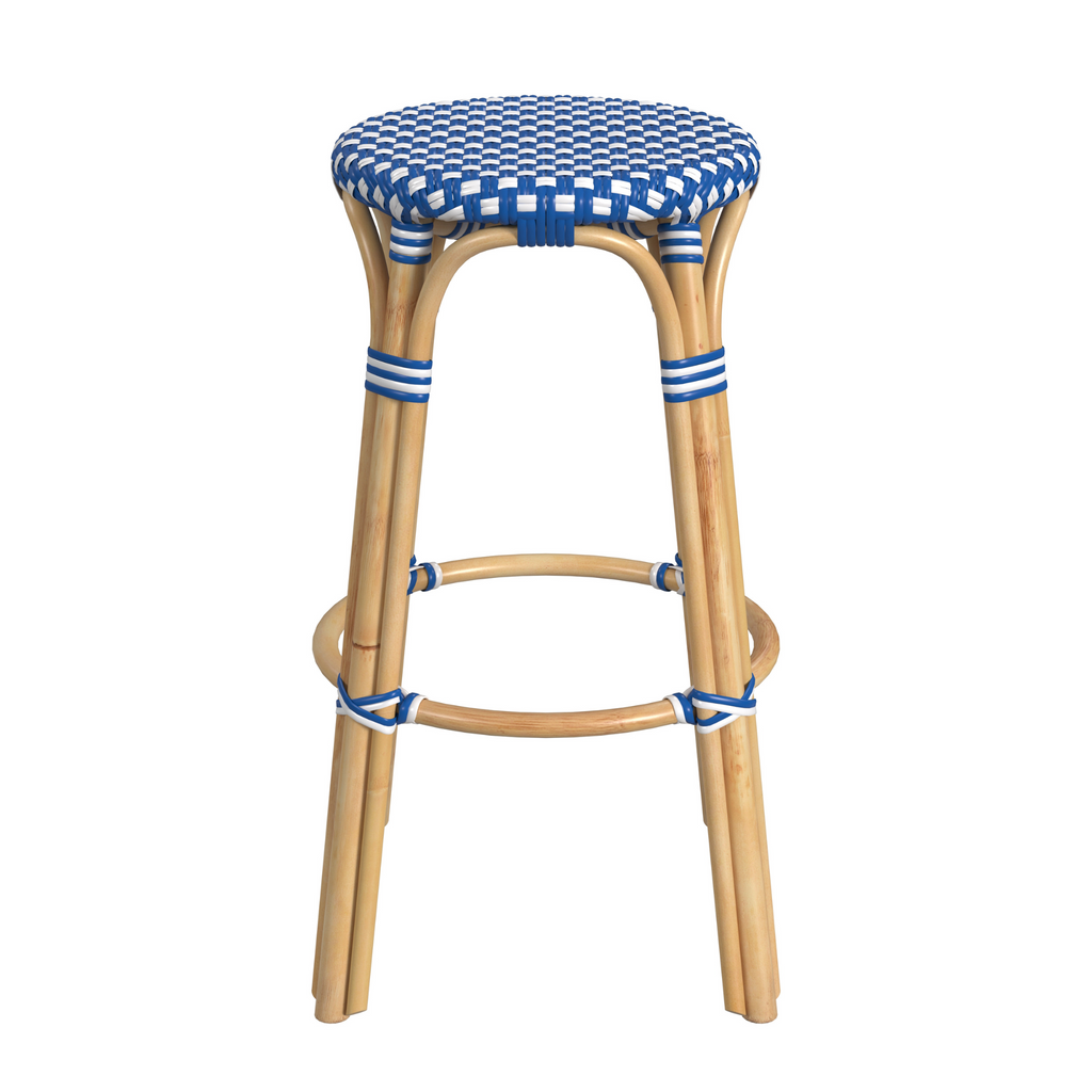 Blue and White Rattan Frame Bar Stool - The Well Appointed House