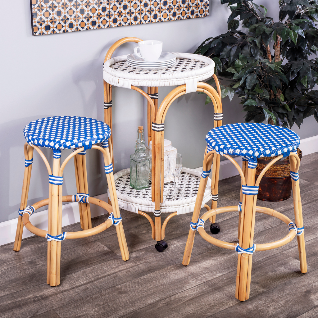 Blue and White Rattan Frame Counter Stool - The Well Appointed House