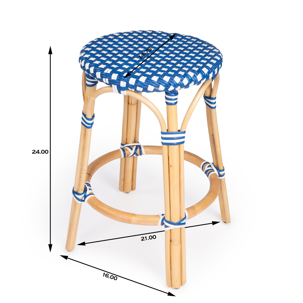 Blue and White Rattan Frame Counter Stool - The Well Appointed House
