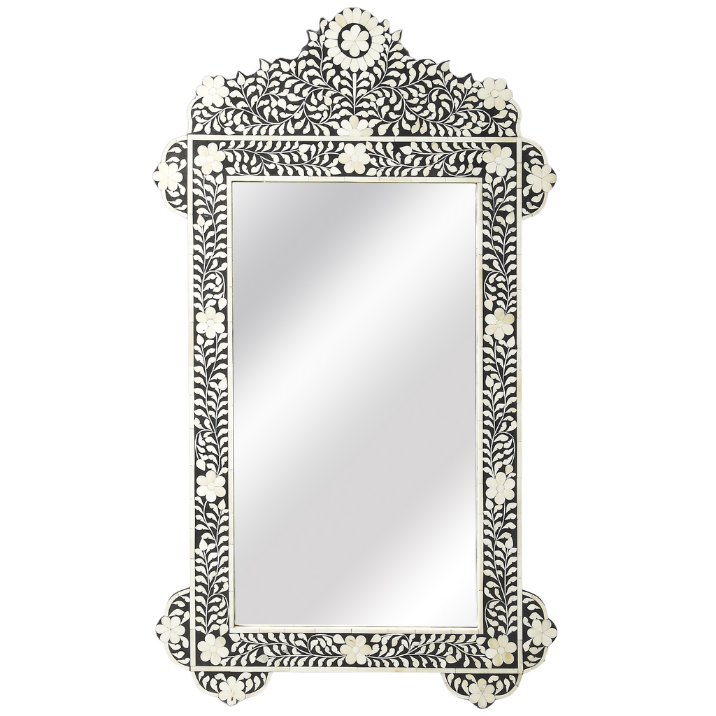 Bone Inlay Mosaic Floral Wall Mirror in Black and White - The Well Appointed House