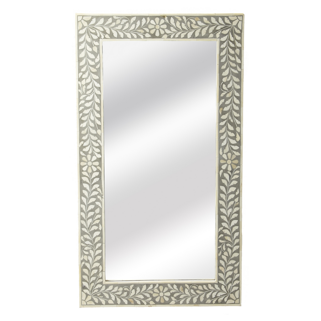 Bone Inlay Mosaic Floral Wall Mirror in Grey and White - The Well Appointed House