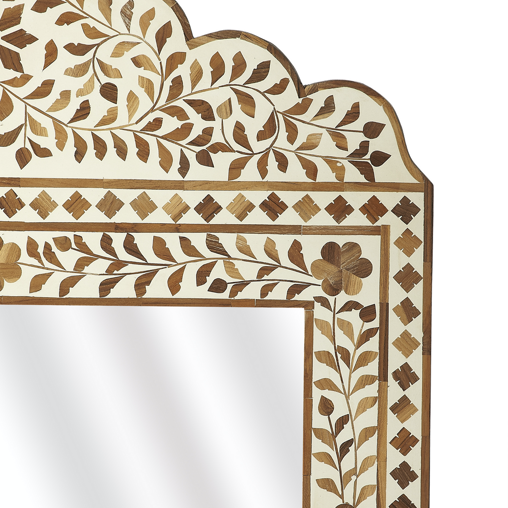 Bone Inlay Mosaic Floral Wall Mirror in Wood and White - The Well Appointed House