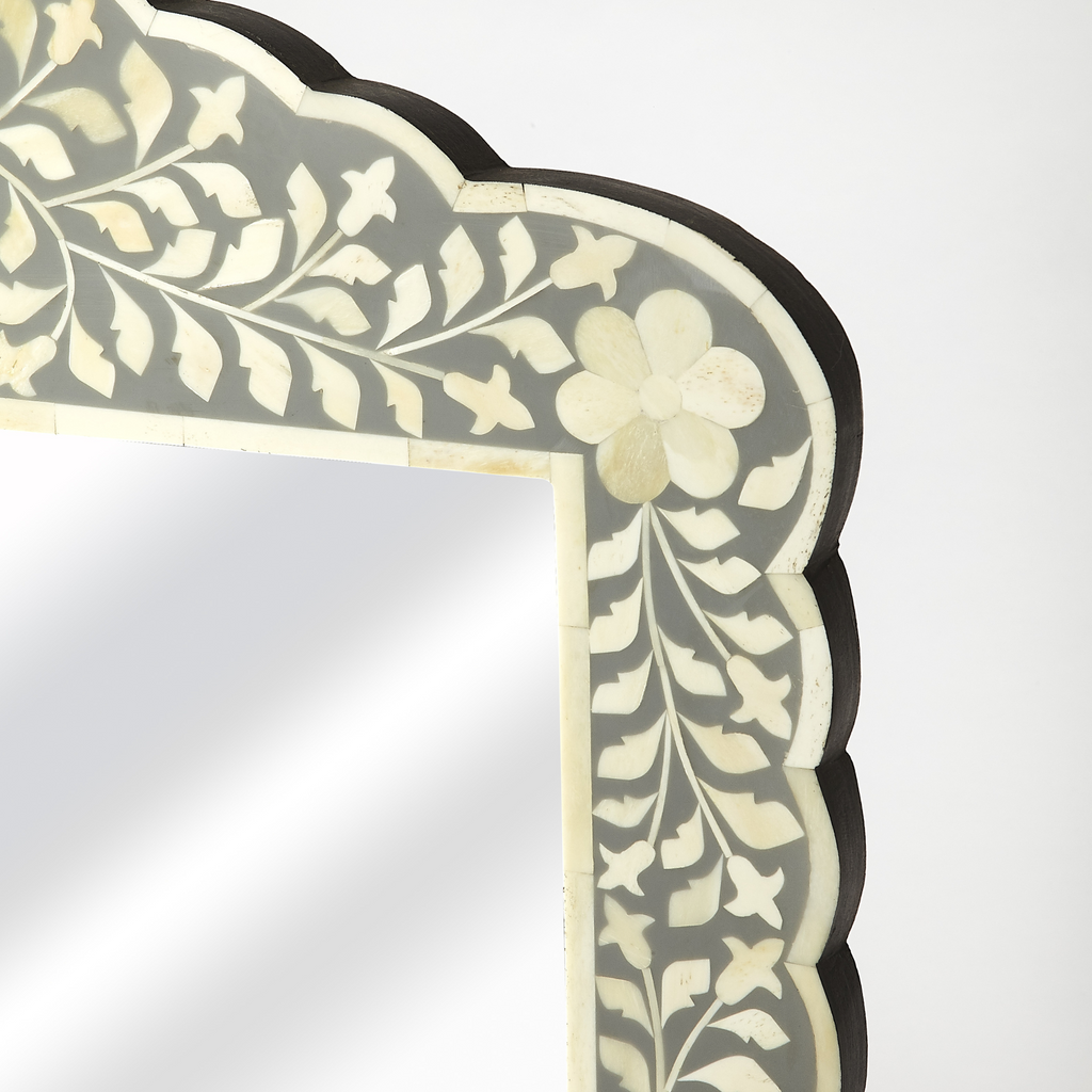 Bone Inlay Mosaic Square Wall Mirror with Floral Pattern in Grey and White - The Well Appointed House
