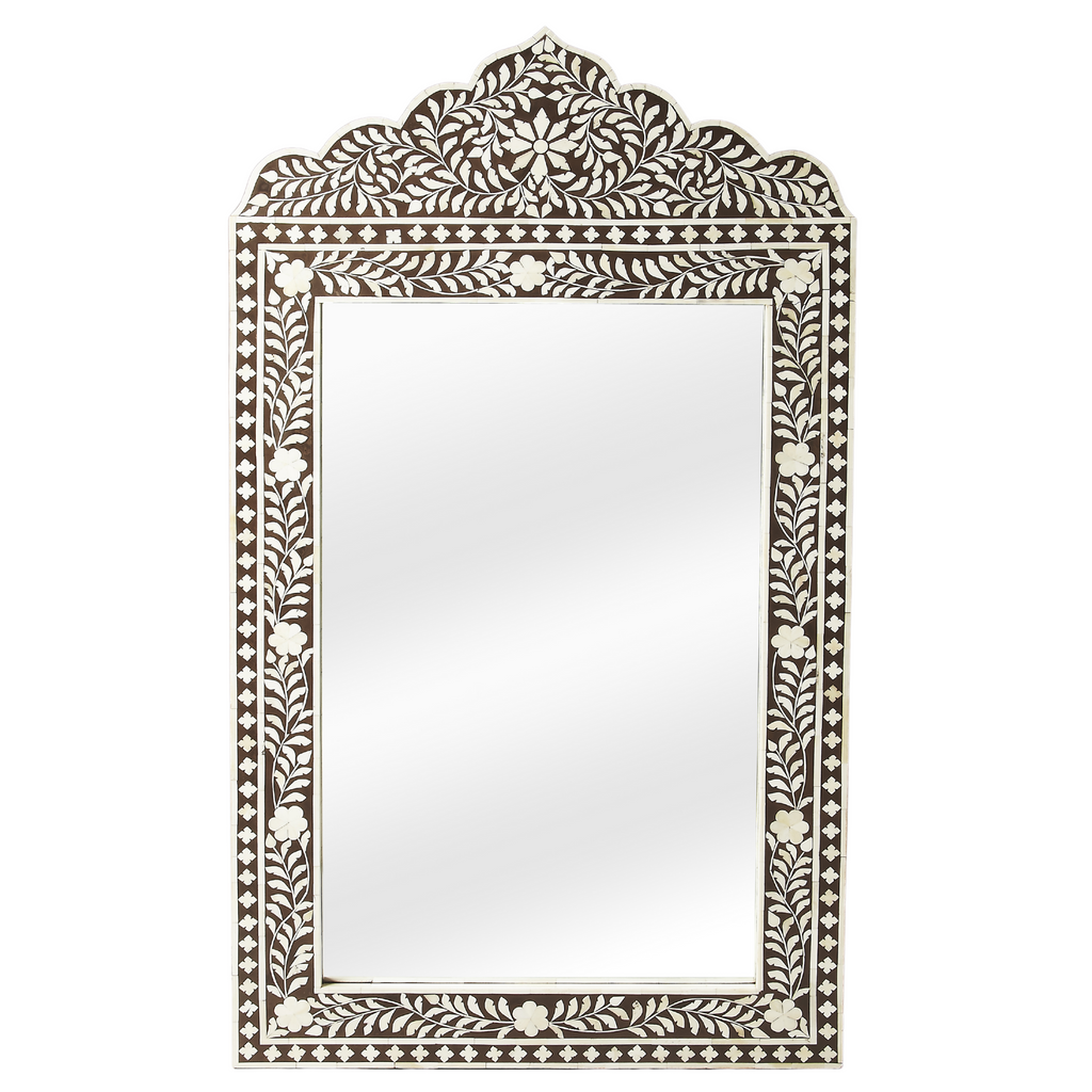 Bone Inlay Mosaic Wall Mirror with Floral Pattern in Brown and White - The Well Appointed House