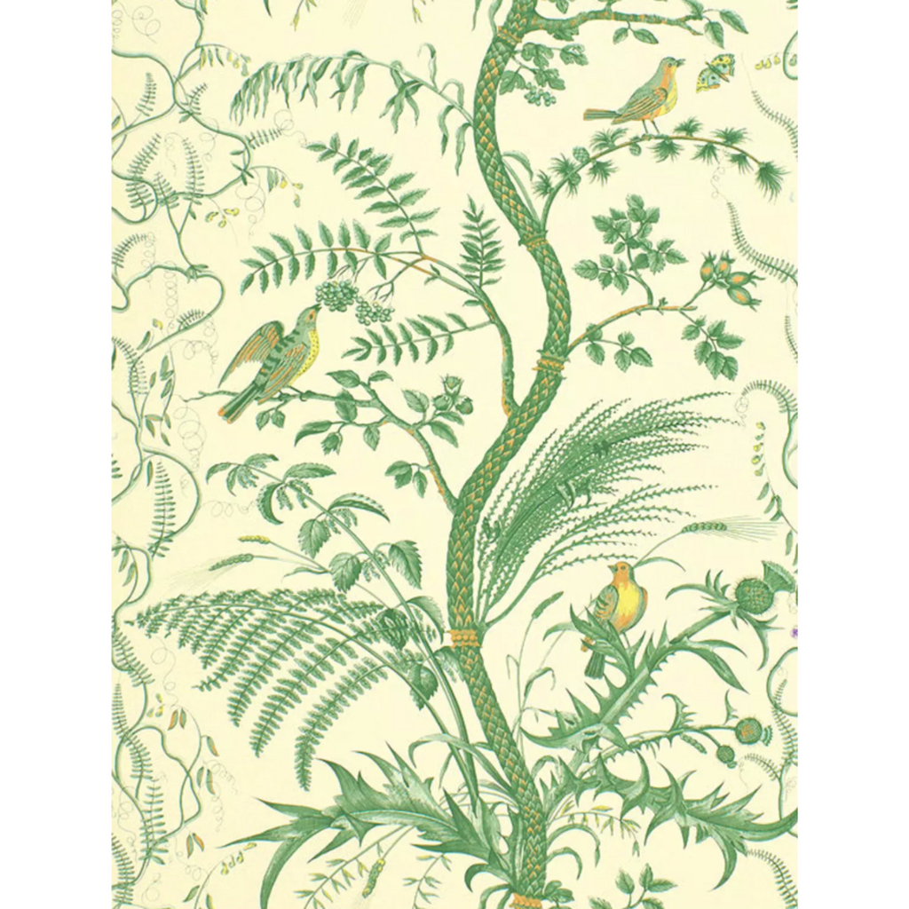 Brunschwig & Fils Bird and Thistle Wallpaper in Green - Wallpaper - The Well Appointed House