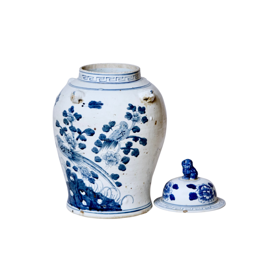 Bird and Flower Blue and White Porcelain Temple Jar - The Well Appointed House